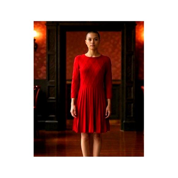 J Howard Red Sweater Dress-Fit and Flare Pleated-Holiday Diamond Pattern Knit-L - Picture 11 of 11